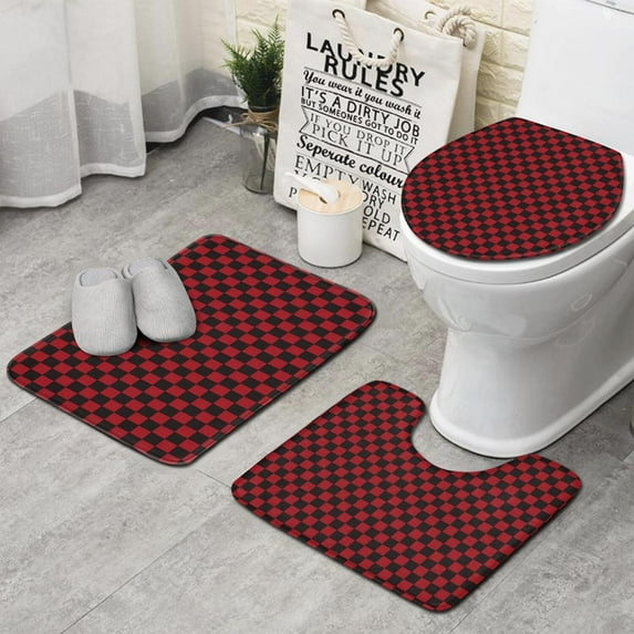 Red Black Checkered Pattern Bathroom Rugs Sets 3 Piece,Toilet Cover Set,Absorbent Non Slip Bathroom Mats Sets with U-Shaped Contour Rug Toilet Rug Set