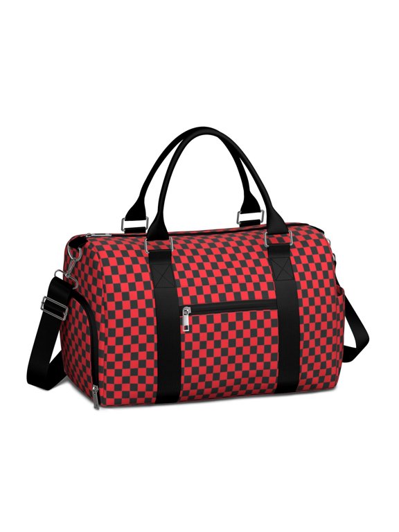 Red and Black Checkered Pattern Gym Bag with Shoe Compartment, Overnight Bag with Wet Pocket and Trolley Sleeve, Durable Gifts Ideas for Gym Travel Weekend,17.3 X 11.8 X 7.5 Inches
