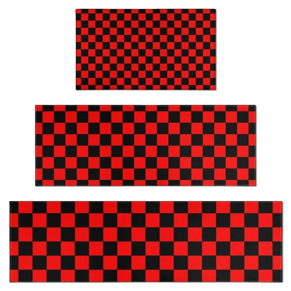 Red and Black Checkered Pattern Kitchen Rugs Sets Of 3,Kitchen Runner Rugs Non Skid Washable,Decorative Kitchen Floor Mats for Kitchen,Sink,Laundry,17"x30"+ 17"x47" + 17"x59"
