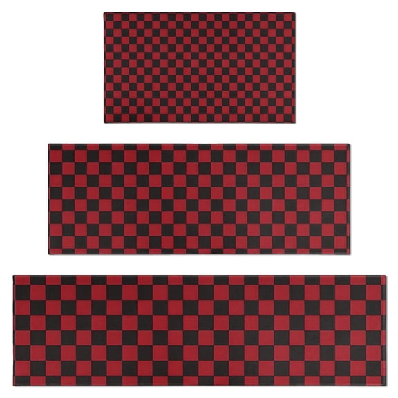 Red Black Checkered Pattern Kitchen Rugs Sets Of 3,Kitchen Runner Rugs Non Skid Washable,Decorative Kitchen Floor Mats for Kitchen,Sink,Laundry,17"x30"+ 17"x47" + 17"x59"