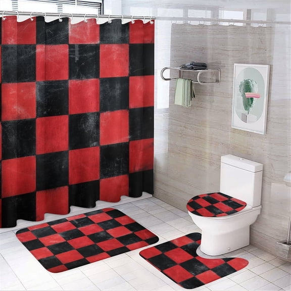 Red Black Checkered Pattern Shower Curtain Waterproof Bathroom Curtain Set with Hooks Home Decor Bathroom Curtains 4pcs