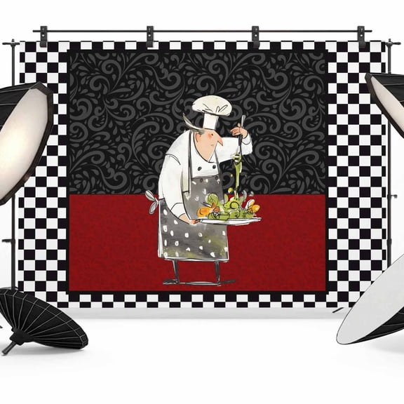 Red Black Chef Backdrop for Photoshoot,Photography Photo Studio Background Wall Backdrop,Cartoon Cute Watercolor Cooking Plaid Back Drop Banner Panel for Portraits Wedding Party Live Streaming 7x5Ft