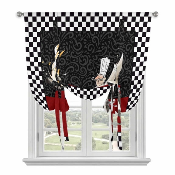 Red Black Chef Balloon Curtains 63 Inch Length for Living Room/Bedroom, Cartoon Cute Watercolor Cooking Checkered Rod Pocket Privacy Door Curtains Decorative Tie Up Shade for Window 52"x63"