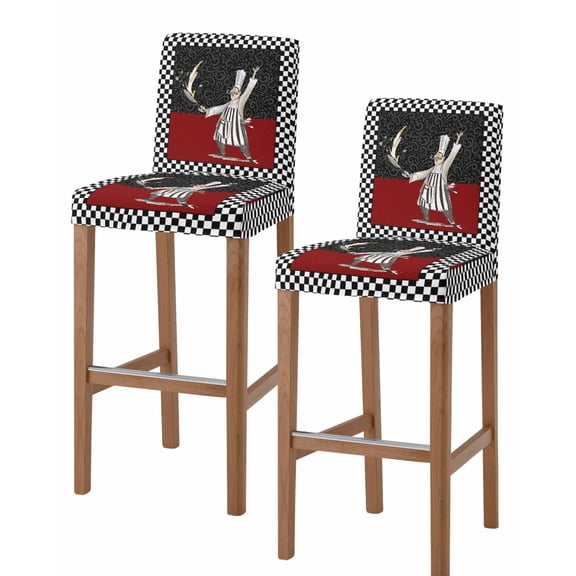 Red Black Chef Bar Stool Covers Set of 2, Cartoon Cute Watercolor Cooking Checkered Stretch Washable Bar Chair Covers with Backs, Removable Pub Counter Height Chair Cover for Kitchen Dining Room Cafe