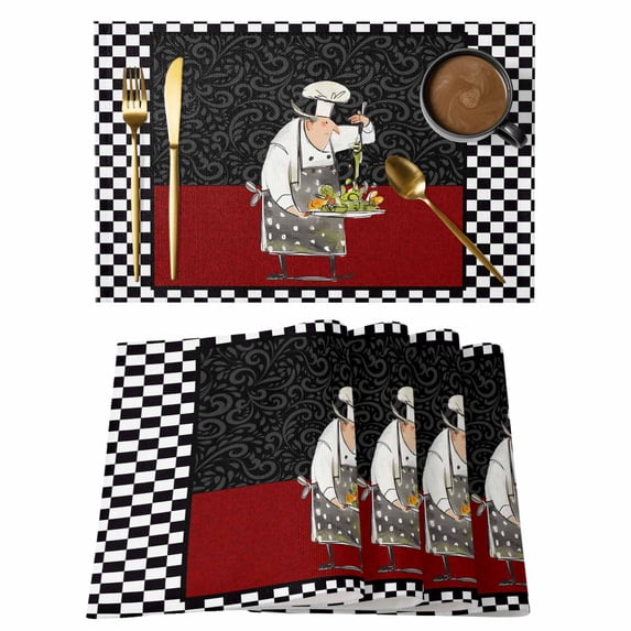 Red Black Chef Placemats Set of 4, Cartoon Cute Watercolor Cooking Plaid Placemats for Dining Table, Place Mats for Kitchen Tabletop, Waterproof Wipeable Dining Table Mats Set