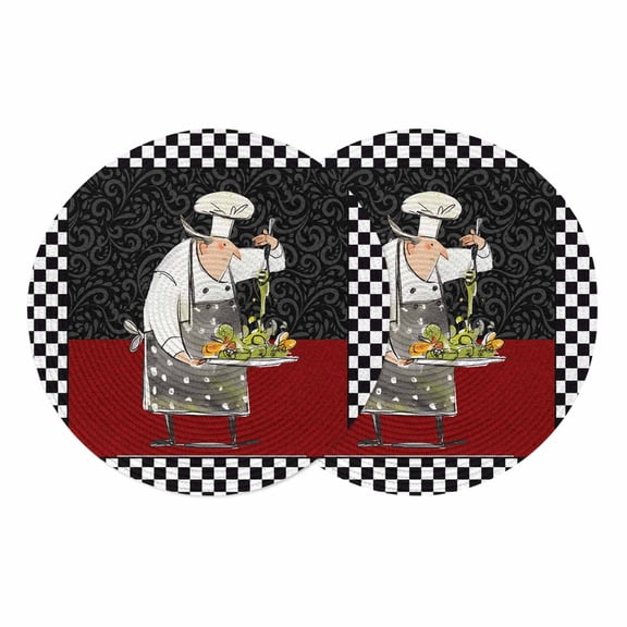 Red Black Chef Round 13 Inch Placemats Set of 2, Cartoon Cute Watercolor Cooking Plaid HeatResistant Non Slip Place Mats for Dining Table, Wipeable Braided Kitchen Table Mats for Housewarming