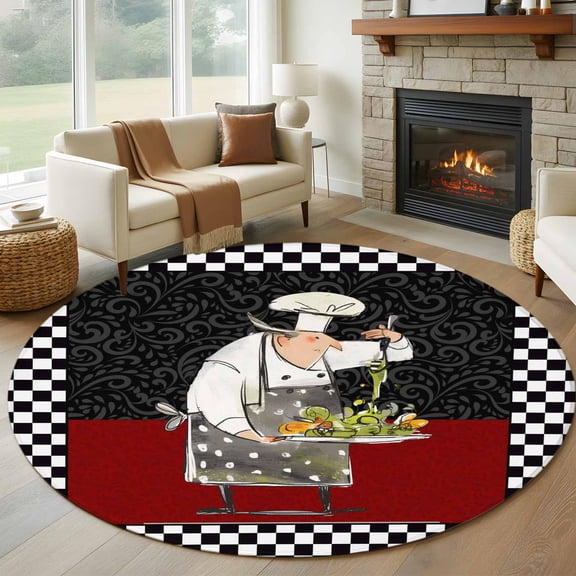 Red Black Chef Round Area Rug 8Ft Washable Large Circle Rugs for Living Room Dorm, Cartoon Cute Watercolor Cooking Plaid Non-Slip Carpet Floor Mats Indoor Outdoor Carpet Runner Aesthetic Home Decor