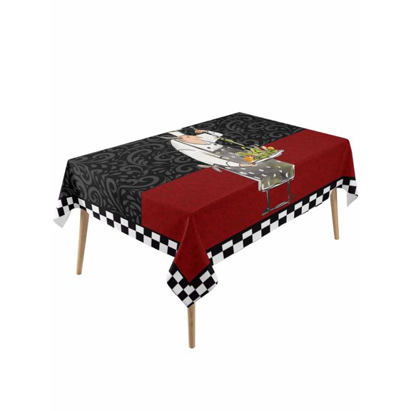 Red Black Chef Table Cloth, Waterproof Tablecloth for Rectangle Tables, Cartoon Cute Watercolor Cooking Plaid Reusable Washable Fabric Table Cover for Restaurant Kitchen Dining Tables 60"x120"