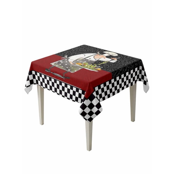 Red Black Chef Table Cloth, Waterproof Tablecloth for Square Tables, Cartoon Cute Watercolor Cooking Plaid Reusable Washable Fabric Table Cover for Restaurant Kitchen Dining Tables 54"x54"