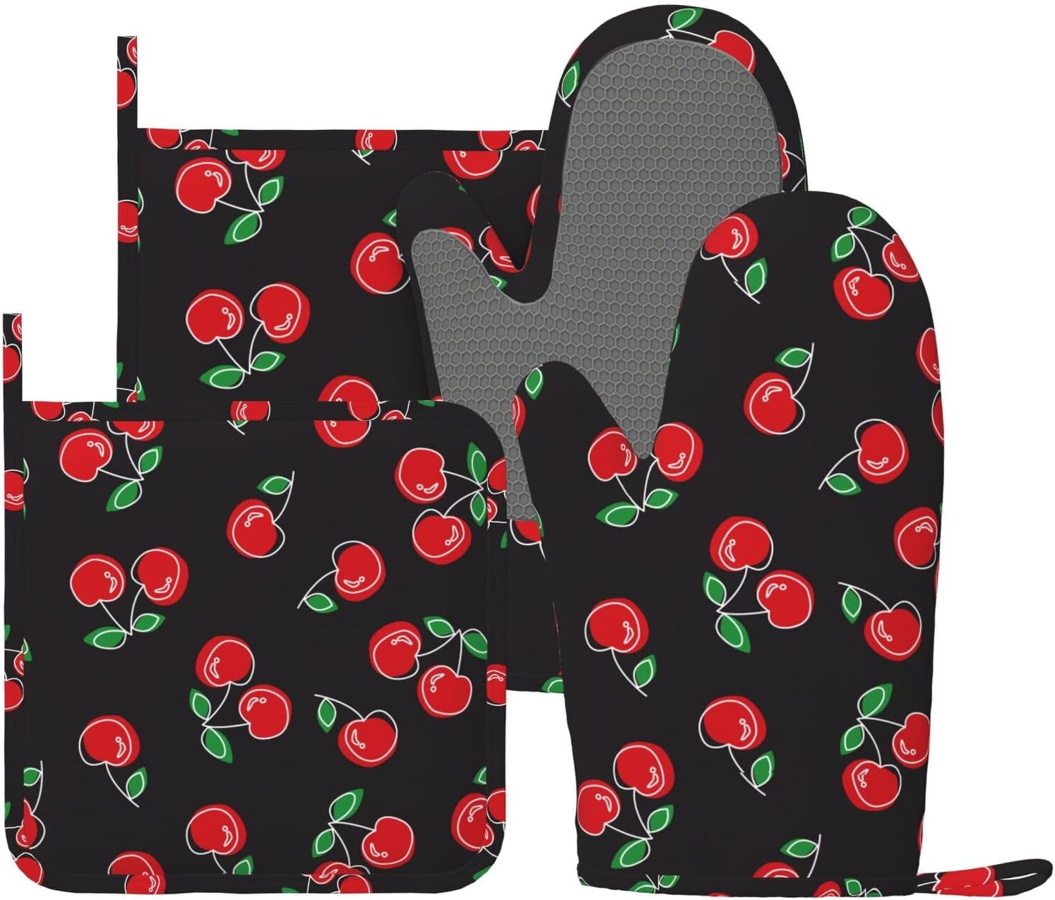 Red and Black Cherry Oven Mitts and Pot Holders Sets of 4, Heat Resistant Silicone Oven Mittens and Potholders Gloves Hot Pads for Kitchen Cooking Baking Grilling BBQ Chef