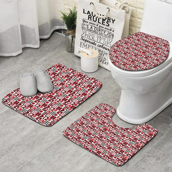 Red and Black Christmas Love Pattern Bathroom Rugs Sets 3 Piece,Toilet Cover Set,Absorbent Non Slip Bathroom Mats Sets with U-Shaped Contour Rug Toilet Rug Set
