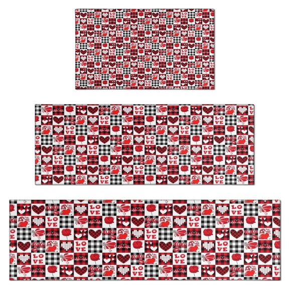 Red and Black Christmas Love Pattern Kitchen Rugs Sets Of 3,Kitchen Runner Rugs Non Skid Washable,Decorative Kitchen Floor Mats for Kitchen,Sink,Laundry,17"x30"+ 17"x47" + 17"x59"