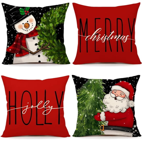 Red Black Christmas Pillow Covers 18x18 Set of 4 Farmhouse Xmas Decorations Snowman Wreath Santa Claus Tree Merry Christmas Holly Jolly Winter Holiday Decor Throw Cushion Case for Home Couch S24C27
