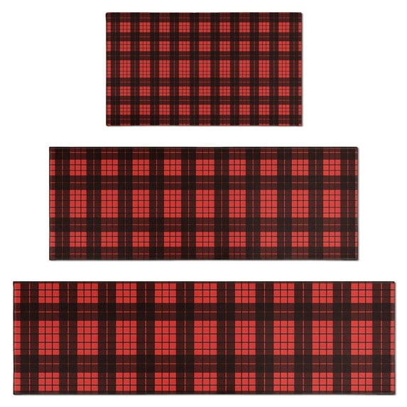 Red and Black Christmas Plaid Pattern Kitchen Rugs Sets Of 3,Kitchen Runner Rugs Non Skid Washable,Decorative Kitchen Floor Mats for Kitchen,Sink,Laundry,17"x30"+ 17"x47" + 17"x59"