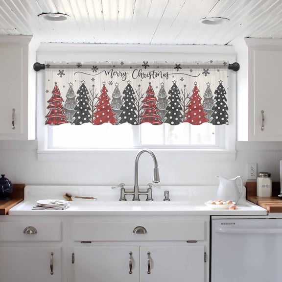 Red Black Christmas Tree Valance Curtains for Kitchen/Living Room/Bathroom/Bedroom Window, Xmas Tree Snowflake Rustic Rod Pocket Small Topper Half Short Window Curtains Voile Sheer Scarf 42"x12"