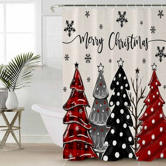 Red Black Christmas Tree Waterproof Fabric Shower Curtain, Xmas Tree Snowflake Rustic Shower Curtain for Bathroom Curtains Bathtubs Hotel Washable Shower Curtains with 12 Hooks Small 36x78in