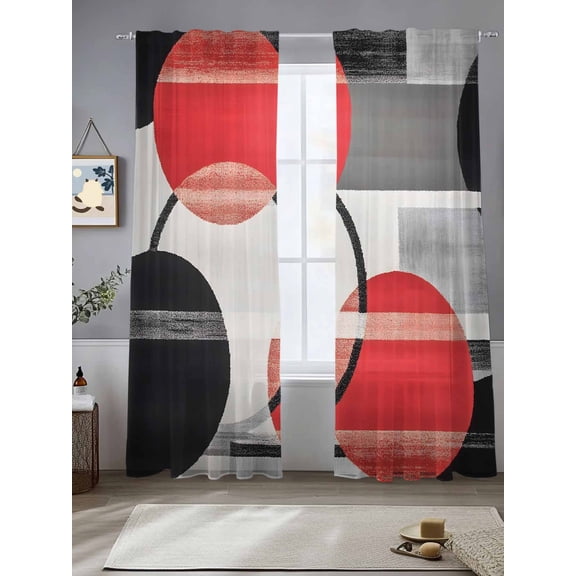 Red Black Circle Sheer Curtains 96 Inches Long 2 Panels Geometric Lines Light Filtering Semi Sheer Window Curtains Drapes for Bedroom Living Room 52"x96"