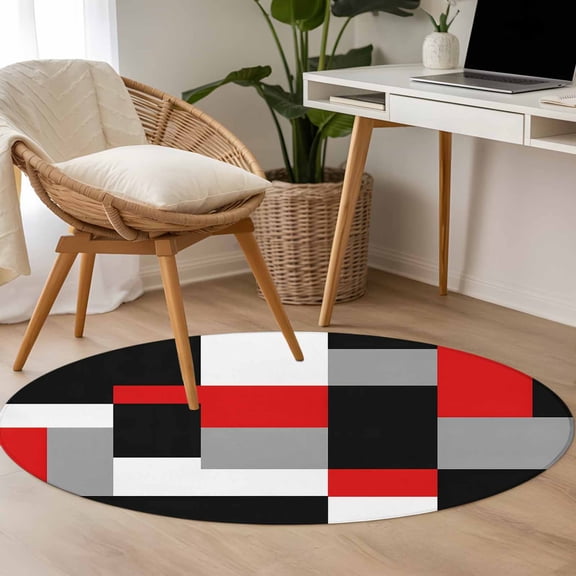 Red Black Color Block 3.3ft Round Rug for Bedroom Reading Corner, Geometric Square Abstract Art Washable Non Slip Circle Area Rug