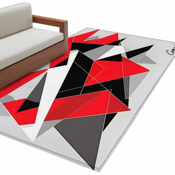 Red Black Color Block Area&nbsp;Rug 2.7x5ft Abstract Triangle 3D Non-Slip&nbsp;Washable Square&nbsp;Rugs Soft Felt Indoor Floor Mat for Bedroom Kitchen Living Room Bathroom