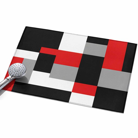 Red Black Color Block Front Door Rugs 2x3ft Geometric Square Abstract Art Washable Rug, Non Slip Indoor Carpet Absorbent Floor Mat for Living Room Bedroom Dining Room