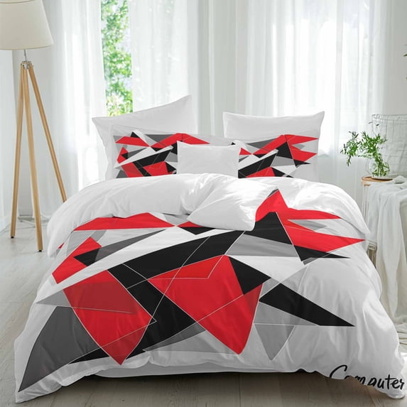 Red Black Color Block Full Duvet Cover Set, Abstract Triangle 3D 4 ...