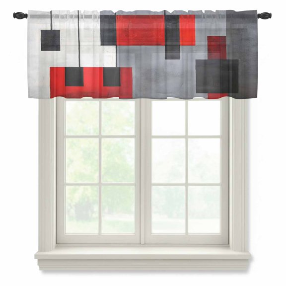 Red Black Color Block Semi Sheer Valance Curtains Retro Modern Voile Valances Curtain Rod Pocket Small Window Treatment for Kitchen Bathroom Cafe 54"x18"