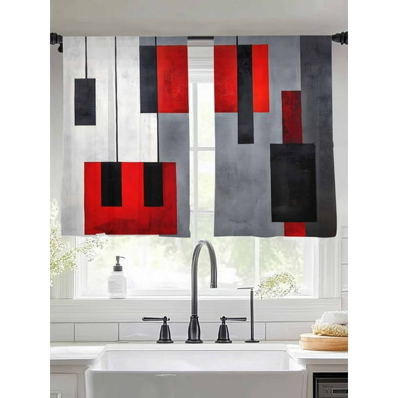Red Black Color Block Sheer Curtains 45 Inches Long 2 Panels Retro Modern Light Filtering Semi Sheer Window Curtains Drapes for Bedroom Living Room 52"x45"