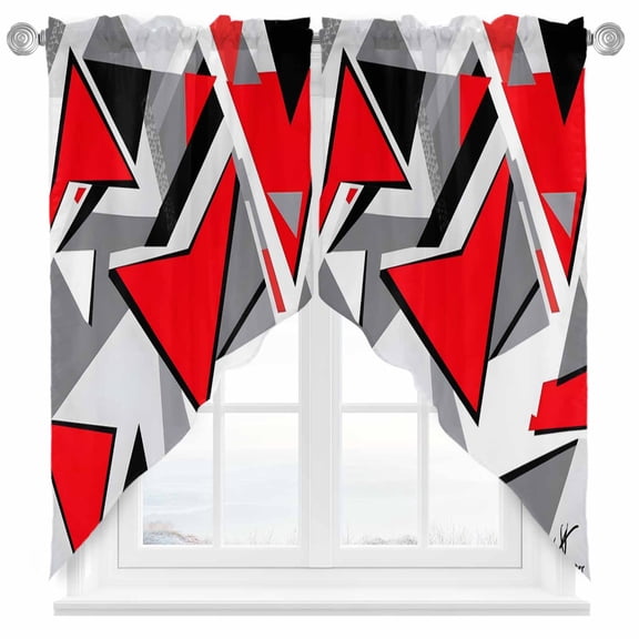 Red Black Color Block Swag Curtain Valance for Windows, Abstract Geometric Window Treatments Short Swag Topper for Kitchen Windows Bathroom Bedroom, 36"x36"