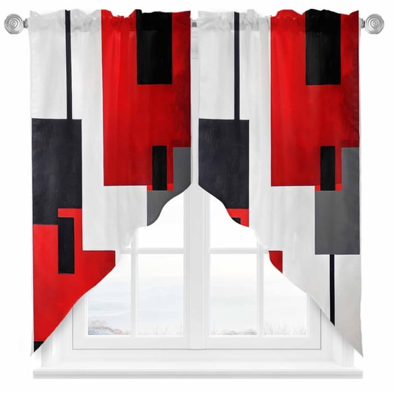 Red Black Color Block Swag Curtain Valance for Windows, Square Modern Window Treatments Short Swag Topper for Kitchen Windows Bathroom Bedroom, 36"x45"