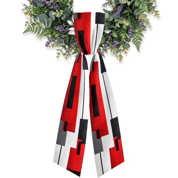 Red Black Color Block Wreath Sash for Front Door, Square Modern Satin Wreath Ribbon Bow Accessory Garland Home Decor for Doorway Porch Yard 4.5x56