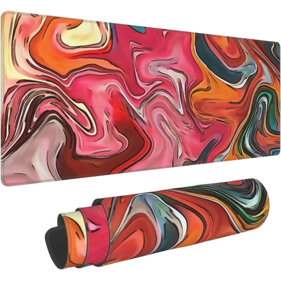 Red Black Colorful Marble Fluid Liquid Marbled Pattern Topographic Contour Gaming Mouse Pad 31.5 X 11.8 Inch XL Extended Keyboard Non-Slip Rubber Base with Stitched Edges for Home Office