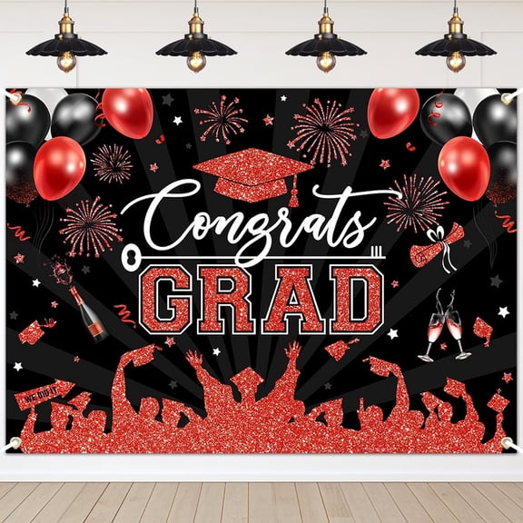 Red Black Congrats Grad Backdrop Balloons Stars Confetti Class of 2026 Graduation Background Congratulate Graduate Party Decorations Banner Photo Booth Props