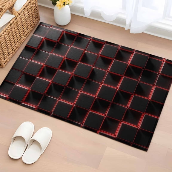 Red Black Cubes 2'x3' Washable Rug, Modern Geometric Abstract Art Non-Slip Soft Doormat Area Rugs for Entrance Bathroom Bedsides, StainResistant Carpet for Kitchen Bedroom, Entryway Floor Mat