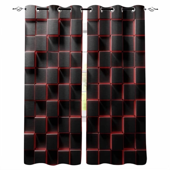 Red Black Cubes Blackout Curtains for Bedroom/Living Room, Thermal Insulated Kitchen Curtains, Modern Geometric Abstract Art Grommet Darkening Window Treatment Drapes 42"x84"x2