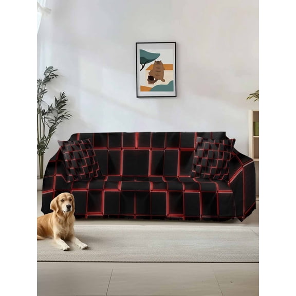 Red Black Cubes Couch Cover, Modern Geometric Abstract Art Sofa Cover Blanket for Loveseat Couches, Sectional Sofa Slipcover Furniture Protector for Living Room Bedroom 71''x118''