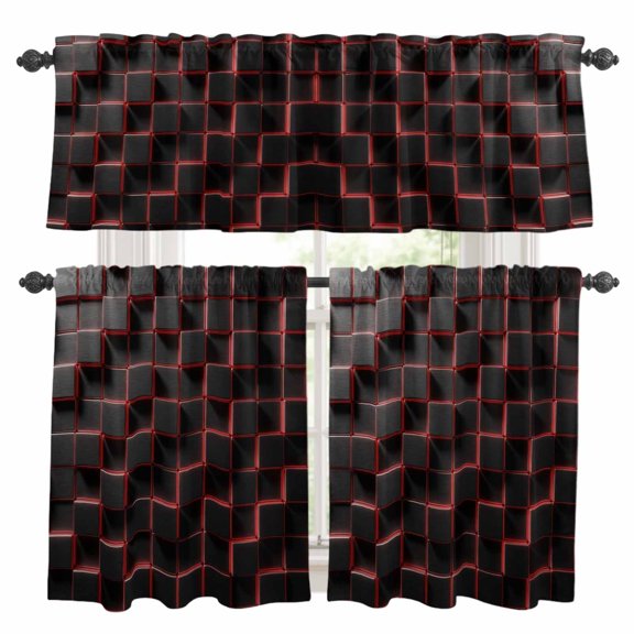 Red Black Cubes Kitchen Curtains Sets for Windows 24 Inch Length, Modern Geometric Abstract Art Rod Pocket Window Treatments Tier Curtains and Valances Set for Bedroom/Bathroom