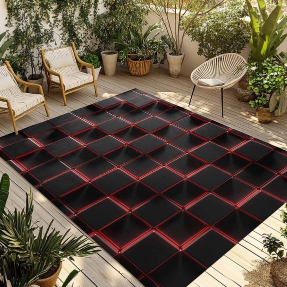 Red Black Cubes Outdoor Rug for Patio/Deck/Porch, Non-Slip Large Area Rug 3 x 5 Ft, Modern Geometric Abstract Art Indoor Outdoor Rugs Washable Area Rugs, Reversible Camping Rug Carpet Runner
