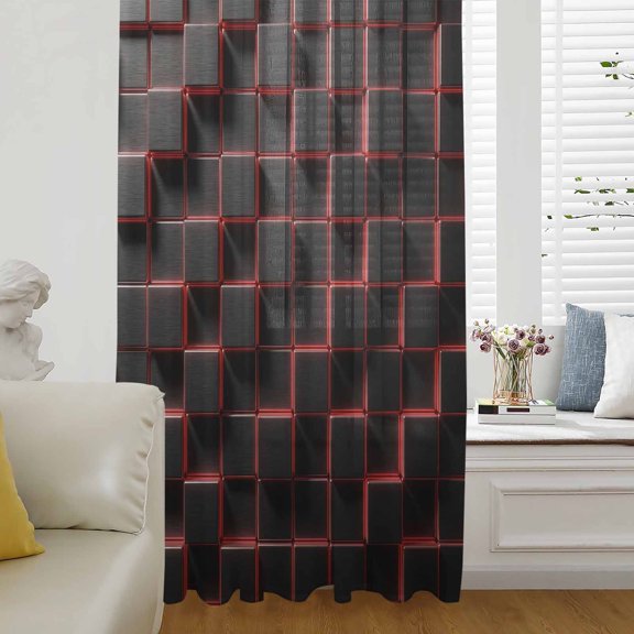 Red Black Cubes Sheer Curtains 54 Inches Long for Living Room/Bedroom, Modern Geometric Abstract Art Rod Pocket Voile Kitchen Curtains & Drapes Window Treatment 1 Panel, 52"W x 54"L