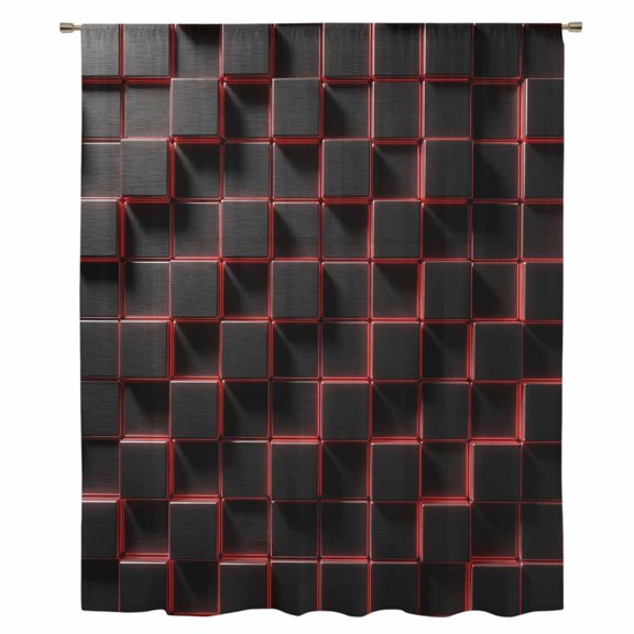Red Black Cubes Sheer Curtains 54 Inches Long, Modern Geometric Abstract Art Light Filering Curtains, Breathable Simi Curtain Privacy Drapes for Kitchen Bathroom Lightweight Small Window Treatment