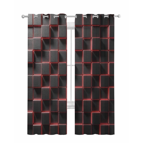 Red Black Cubes Sheer Curtains 63 Inch Length 2 Panels Set for Living Room/Bedroom, Modern Geometric Abstract Art Kitchen Curtains Grommet Semi-Sheer Curtains Drapes Voile Window Treatments 42"x63"x2