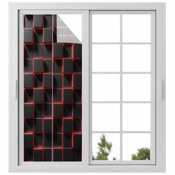 Red Black Cubes Window Privacy Film, Modern Geometric Abstract Art Static Cling UV Sun Blocking Heat Control Window Tint Day and Night, Non-Adhesive Reusable One Way Windows Privacy Cover 23.6''x59''