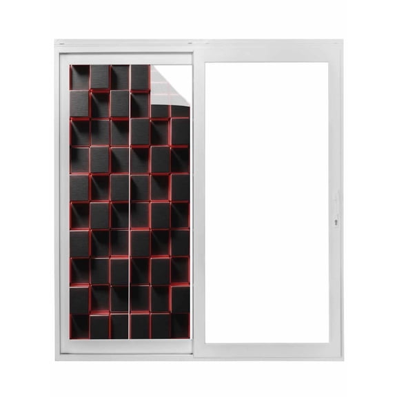 Red Black Cubes Window Privacy Film, Modern Geometric Abstract Art Static Cling UV Sun Blocking Tint Film Heat Control Windows Films for Bedroom Bathroom, Window Stickers 17.7"x39.3"