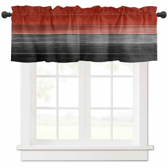 Red Black Curtain Valance for Windows/Kitchen/Living Room/Bedroom, Vintage Farmhouse Gradient Wood Grain Rod Pocket Window Treatment Short Drape Topper Small Tier Cafe Curtains Panel 54X18