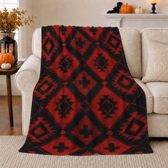 Red and Black Diamond Cabin Pattern, Bold Rustic Style for Lodge Lovers, Southwest Plaid Motif and Housewarming Gift, Cozy Flannel Blanket for Cabin and Ranch House, Home Decor