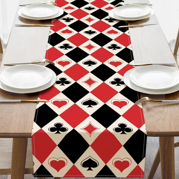 Red Black Diamond Poker Suit Dining Table Runner, Vintage Playing Card Heart Spade Club Diamond Linen Kitchen Decoration, Game Night Themed Indoor Outdoor Home Decor Party Supply 13''x72''