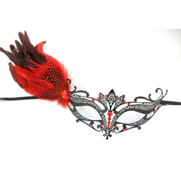 Red Black Dot Side Feather Masquerade Mardi Gras Metal Crystal Tiara Mask
