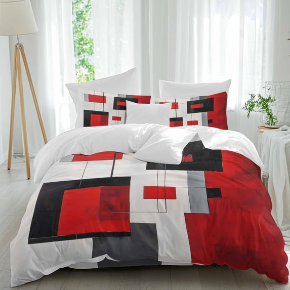 Red Black Duvet Cover Set King Size, Color Block Stitching 4 Piece Soft Microfiber Bedding Set with 1 Duvet Cover, 1 Flat Sheet, 2 Pillowcases