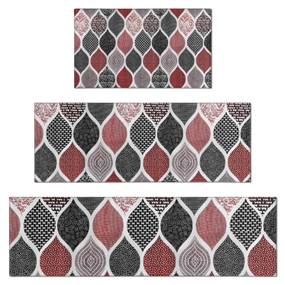 Red and Black Ethnic Geometric Pattern Kitchen Rugs Sets Of 3,Kitchen Runner Rugs Non Skid Washable,Decorative Kitchen Floor Mats for Kitchen,Sink,Laundry,17"x30"+ 17"x47" + 17"x59"
