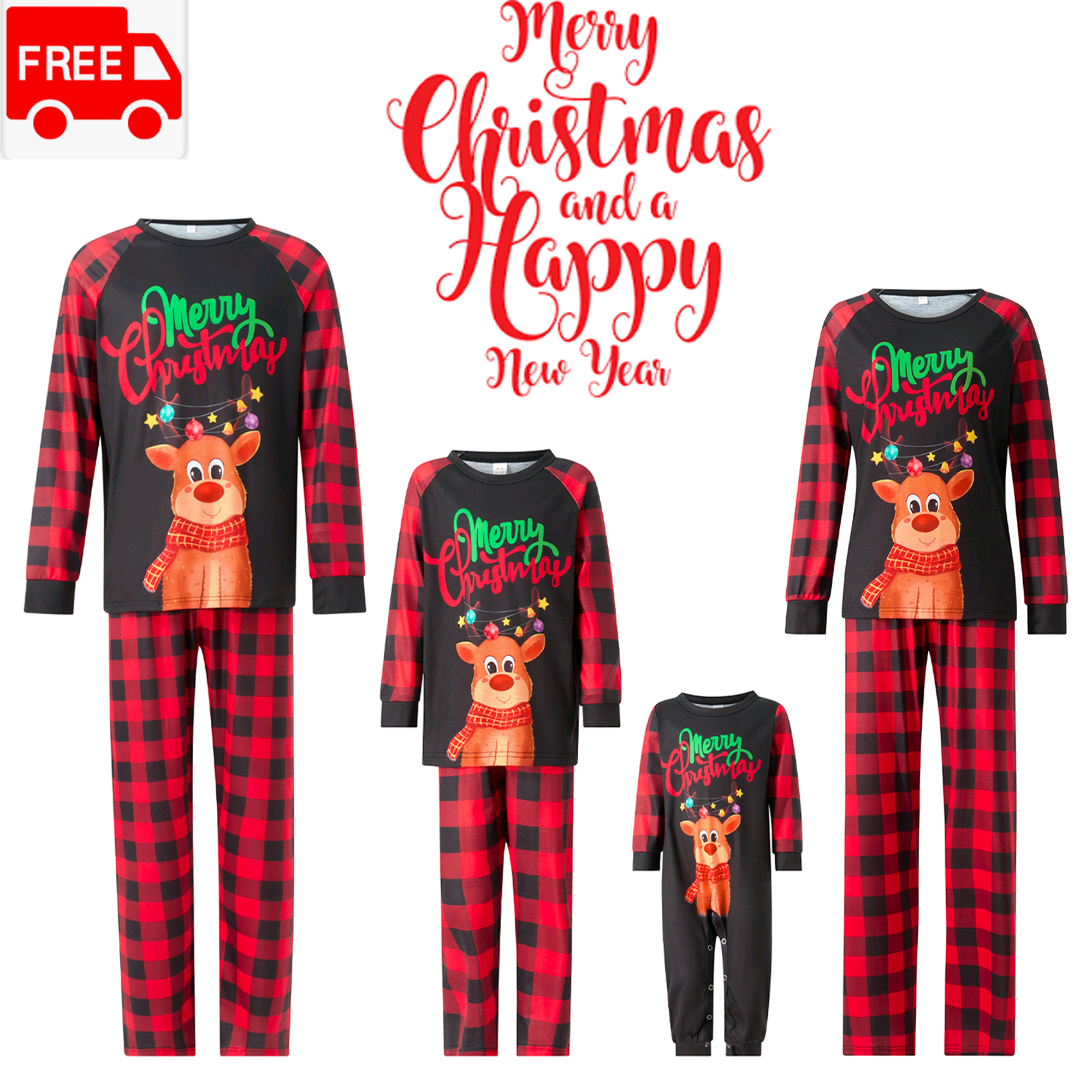 Red Black Family Christmas Pajamas Matching Sets, Letters Elk Printed ...