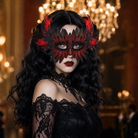 Red Black Feather Masquerade Mask 9 Inch Venetian Half Face Mask for Masquerade Party Mardi Gras Halloween Accessory, 1 Pack